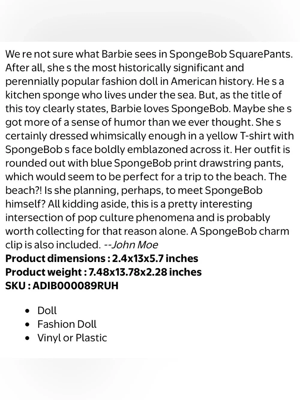 New 2002 Mattel & Nickelodeon Barbie Loves SpongeBob SquarePants Doll w/ Clip-on